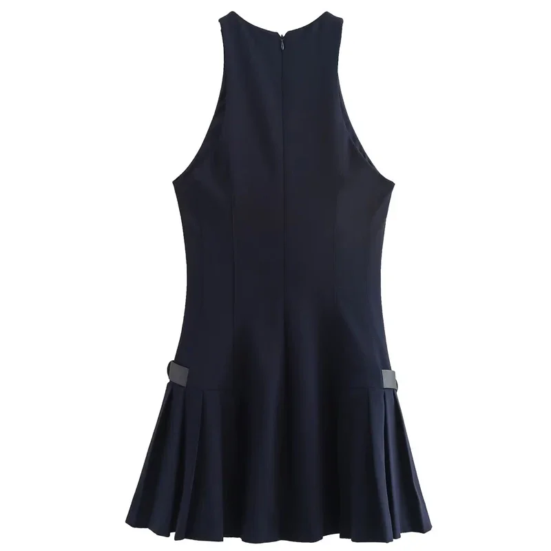 TRAF Women's Dress  Mini Halter Dresses Buckles Pleated Short Dresses Sleeveless  Navy Blue Vestidos Elegant Fahion Dresses 2024