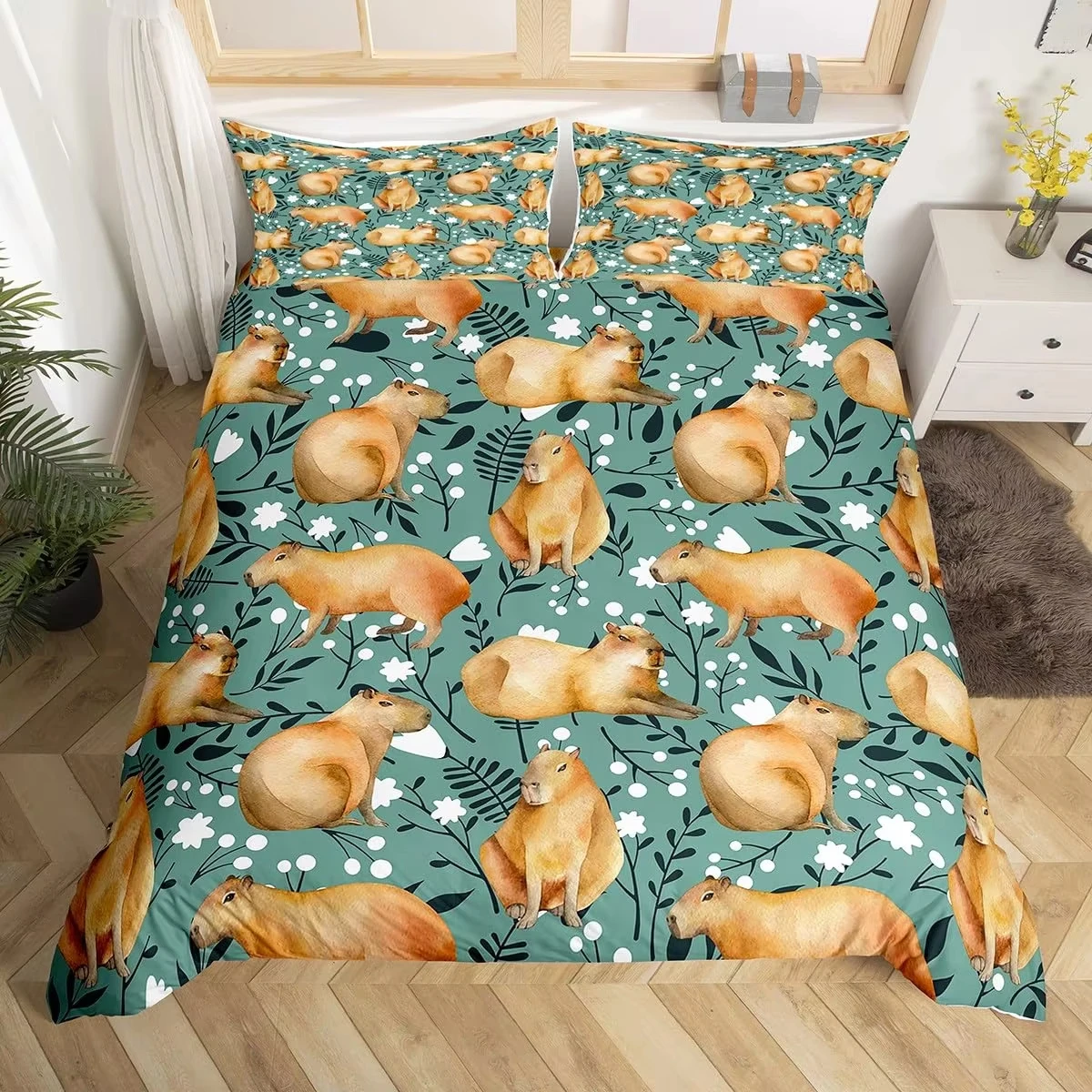 Cabybara Duvet Cover Twin Queen Rodent Animal Bedding Set for Girls Women Dragonfly Lotus Flower Comforter Cover with Pillowcase