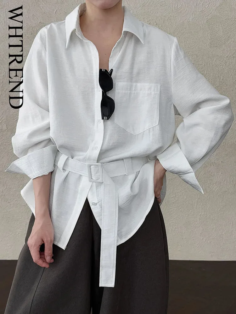 

WHTREND Women's Solid Color Shirts With Belt Lapel Single Breasted Loose Blouse Autumn New Office Lady WH1110