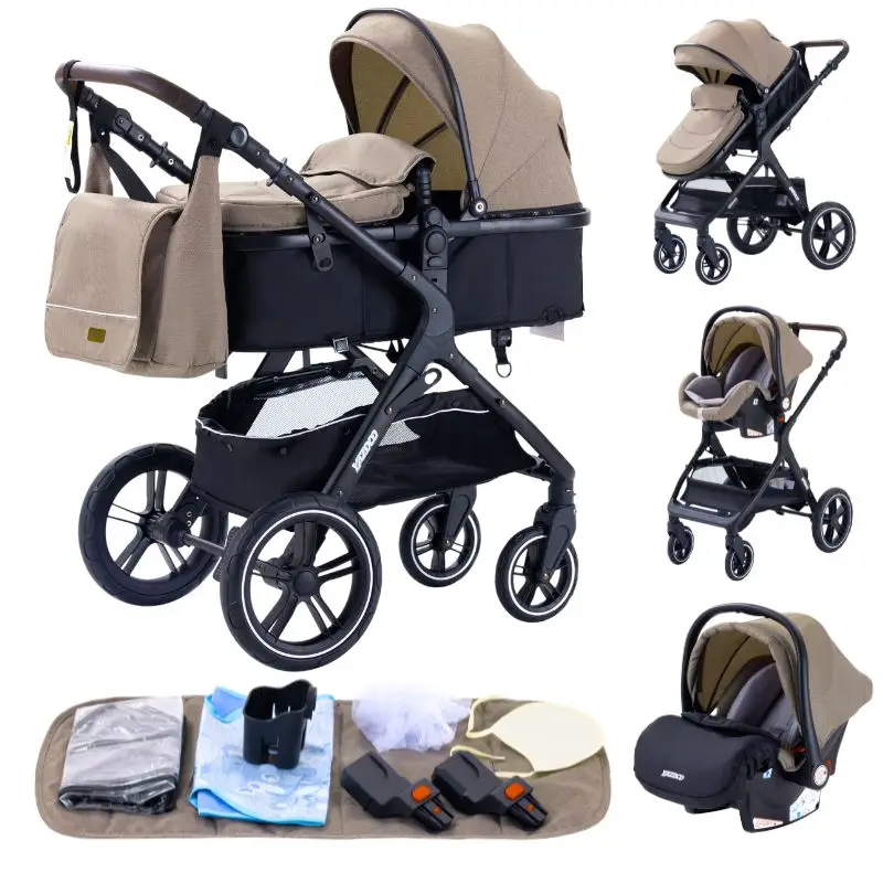 3-in-1 Babywandelwagen met autostoeltje en slaapmandje, lichtgewicht kinderwagen, multifunctionele babybuggy, compacte vouwwagen