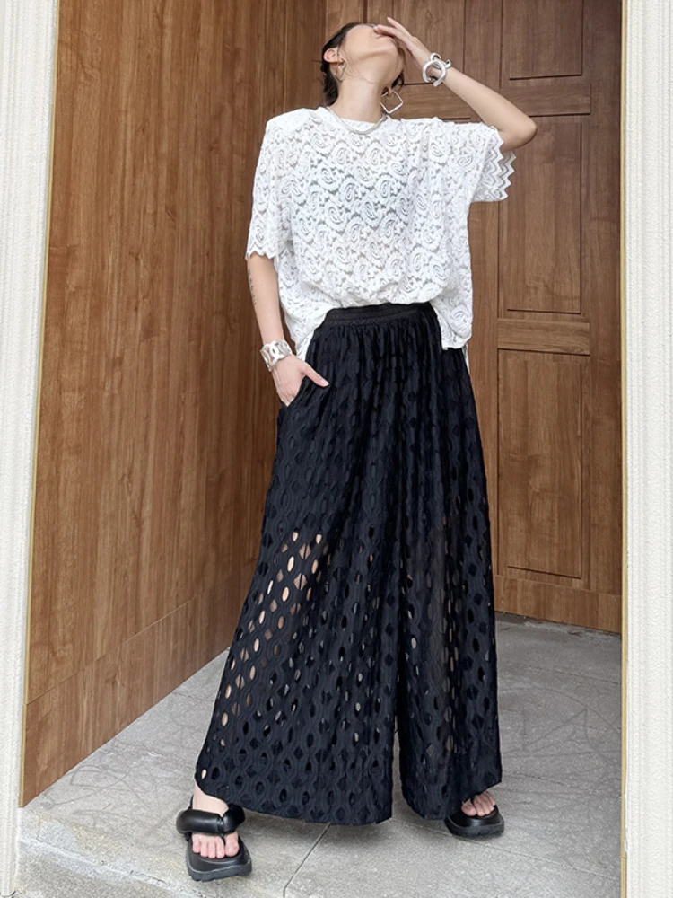 

Summer French Lace Hollow Wide Leg Pants Women 2024 Fashion Commuting Elastoic High Waist Loose Slimming Street Casual Trouser