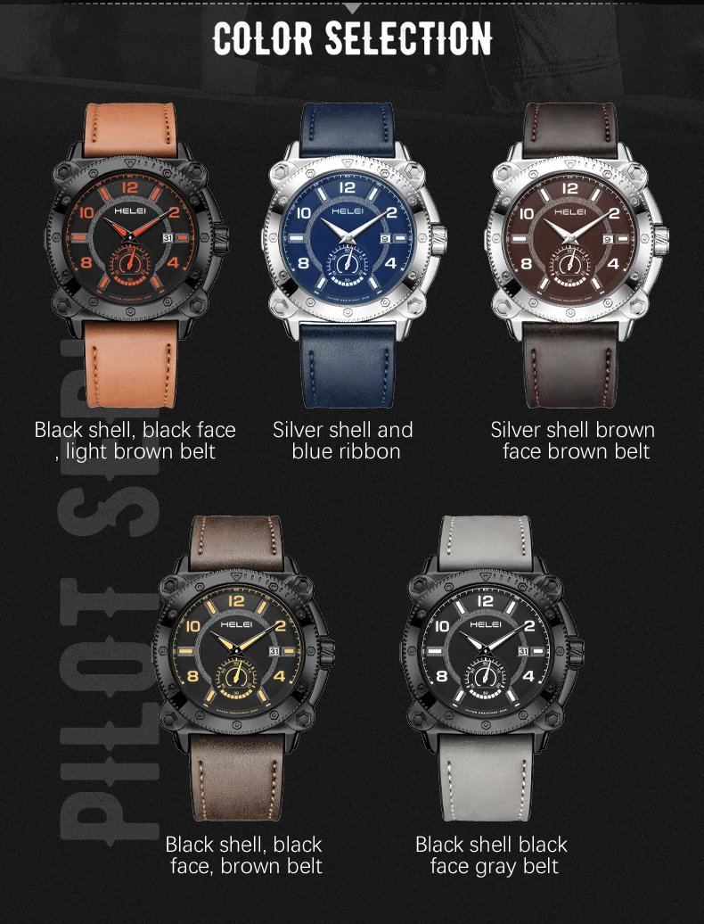 ساعة يد كوارتز كاجوال رياضية جديدة من HELEI بحزام جلدي للرجال
