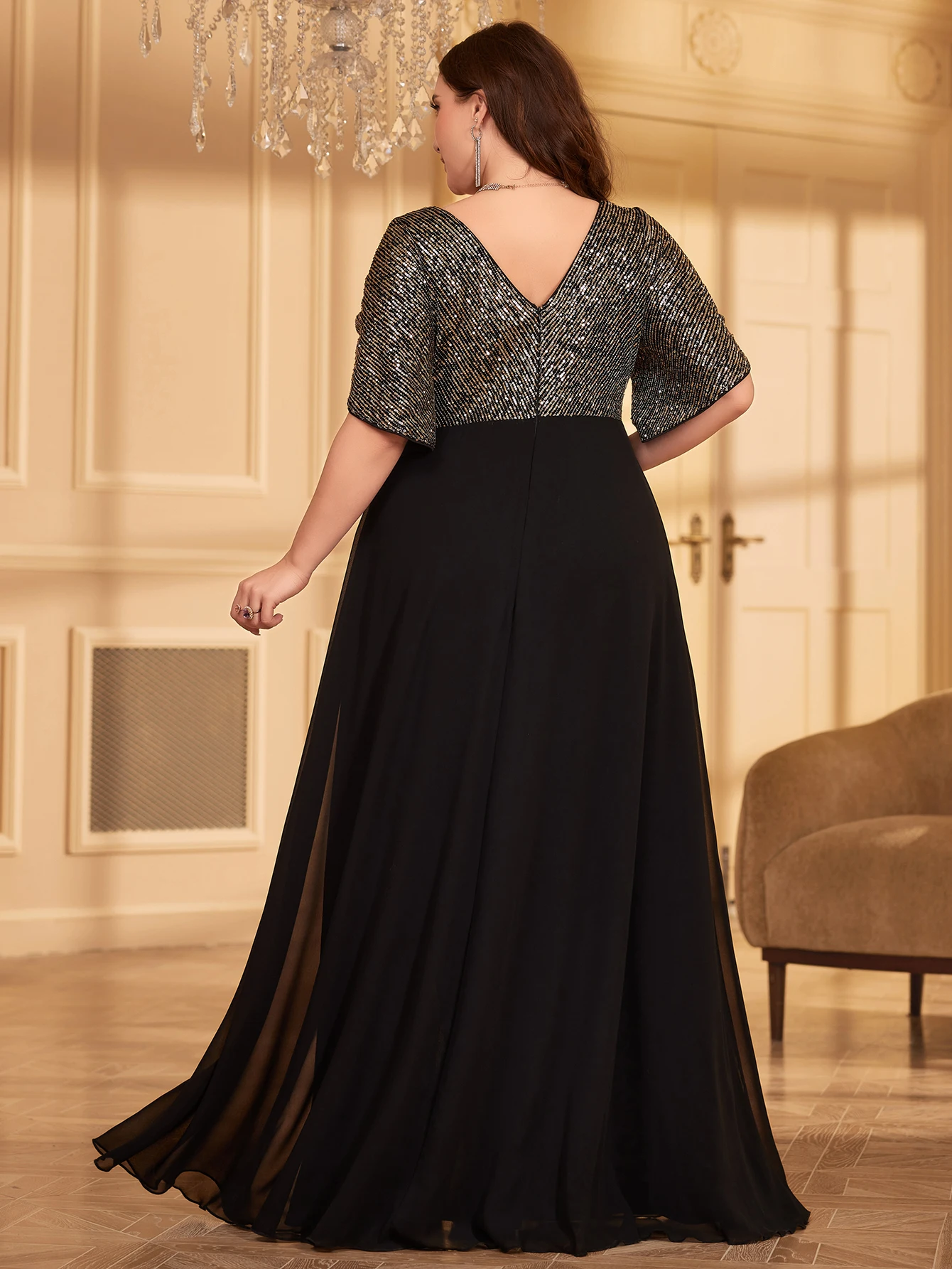 UNITHORSE Plus Size Sequin Patchwork Chiffon Formal Dress Black Elegant Prom Evening Wedding Guest Gown, For Graduation, Dinner view 2