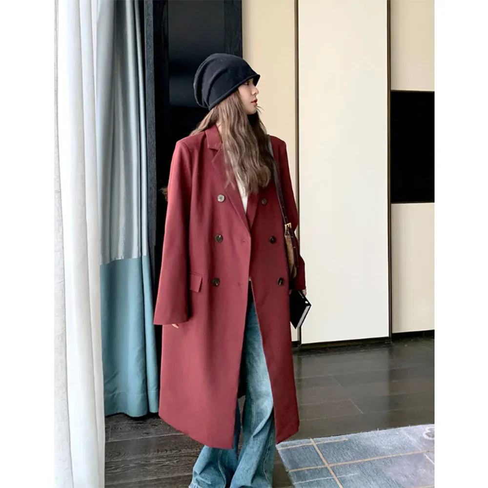 

Fashion Chic Women Long Jacket Double Breasted Notch Lapel Single Piece Female Trench Coat Loose Smart Office Lady Outerwear