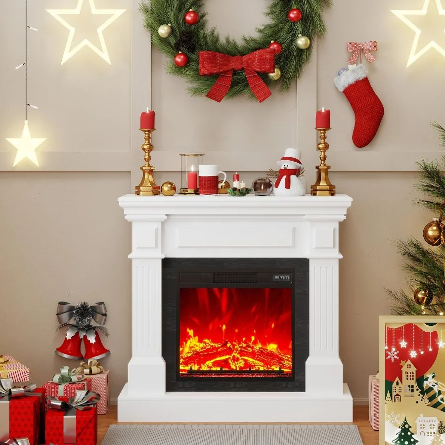 35 مدفأة كهربائية مع رف 18 بوصة مدفأة كهربائية واقعية للغاية ثلاثية الأبعاد لهب زر التحكم عن بعد مدفأة بيضاء Ma