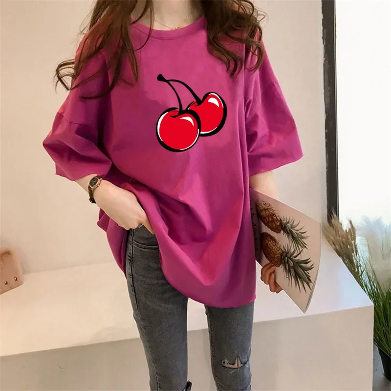 

2024 New Printed Short Sleeved T-shirt Women's Loose Half Sleeved Mid Length Summer Korean Edition