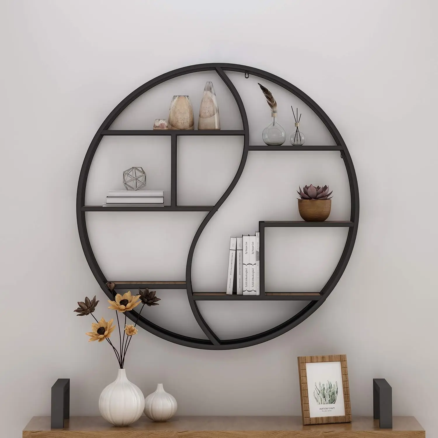 Bobby Industrial Hanging Circular 8 shelves, Wall Shelf, Black Finish, Natural