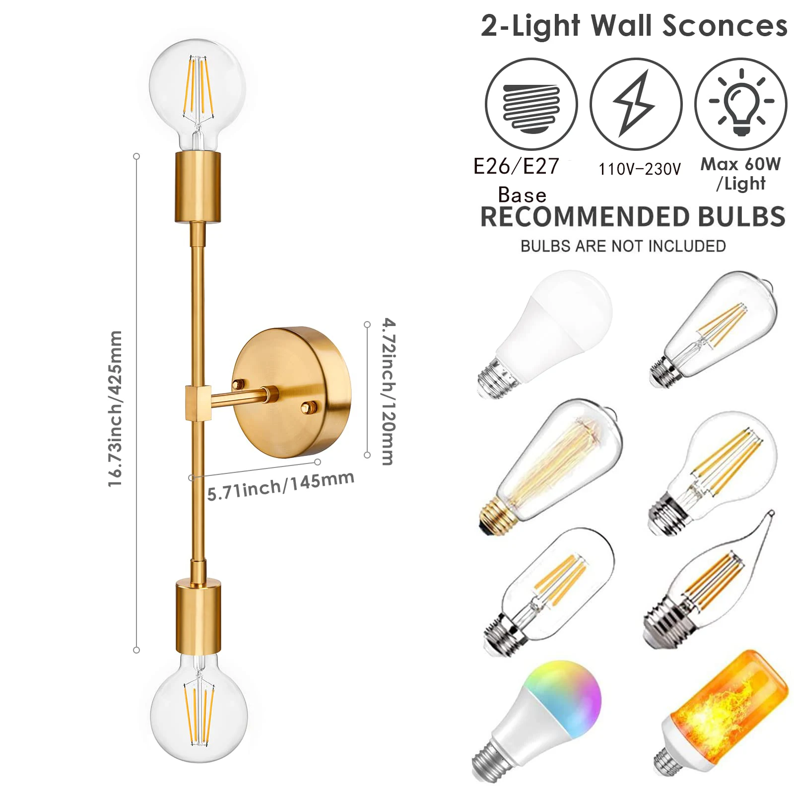 2-Light Wall Sconce Mid Century Modern Wall Lamp Sconce Indoor Wall Lighting for Mirror Hallway Kitchen Bedroom Living Ro