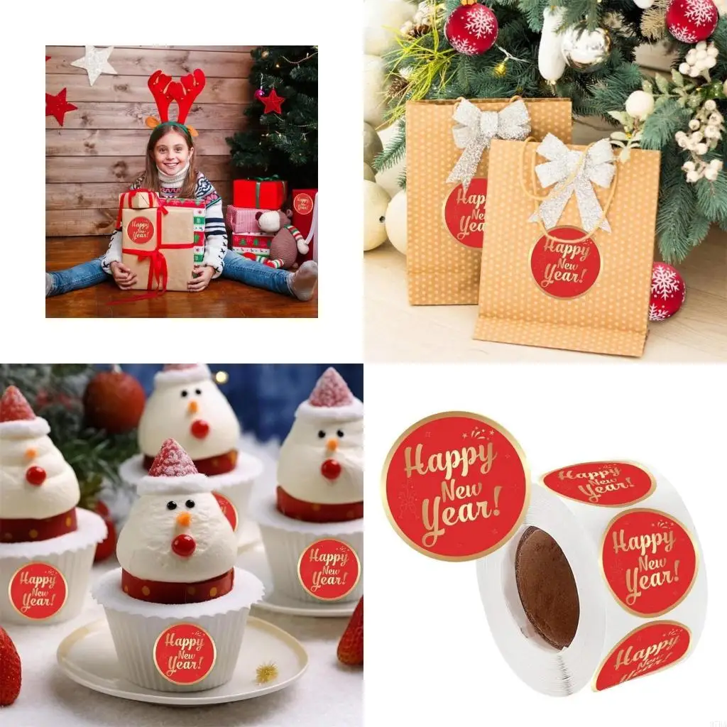 97BA 500Pcs Happy New Year Sticker 38mm Christmas Decoration Sticker for Envelopes Box Christmas Cards Candy Bag Decoration