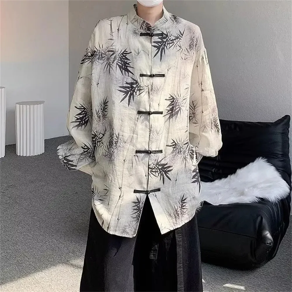 

New Chinese button-down shirt for men with long sleeves senior sense literary style style ink painting very fairy shirt coat fem