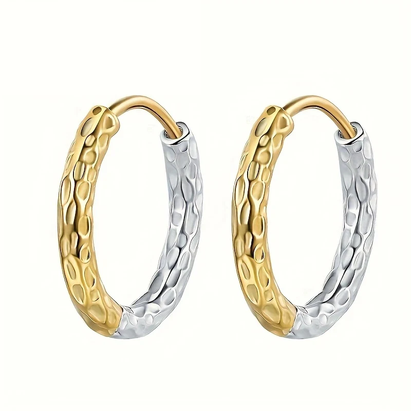 Huitan Delicate Two-tone Hoop Earrings with Hammered Texture Pattern Opulent Fashion Accessories Trendy Chic Engagement Jewelry