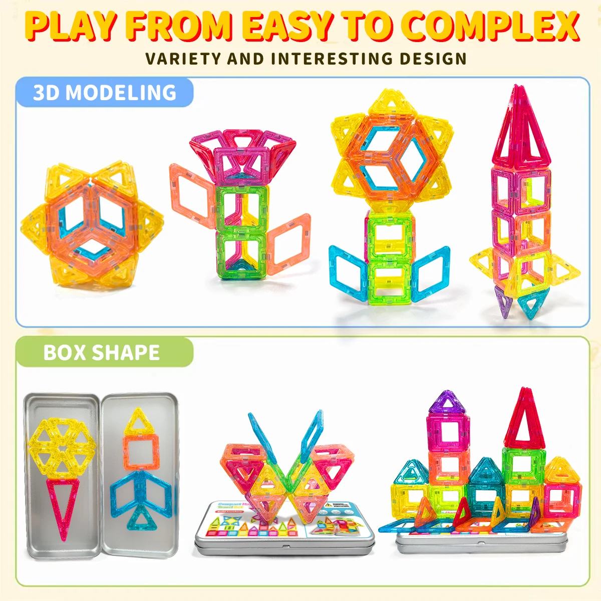 مجموعة بناء مصممة لبنات البناء المغناطيسية لعمر 3 سنوات فما فوق للأطفال والأولاد والبنات كتل مغناطيسية 40 قطعة مع صندوق حديد