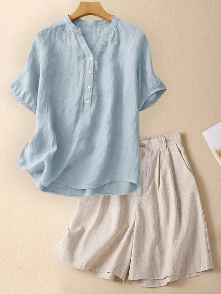 

Linen irt ort Sve Women's Set Summer New Mom High End Flax Casual orts Two Piece Set V Ne Svel Faionable