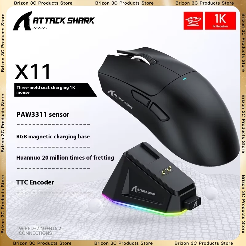 

Attack Shark X11 PAW3311 Трехрезная беспроводная Bluetooth-мышь Легкая мышьEsports Games Зарядка Rgb База для ноутбука Офисная мышь