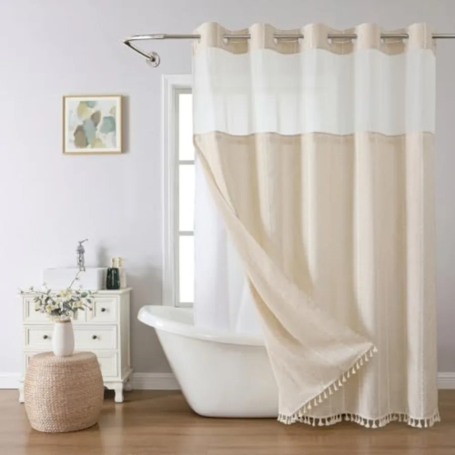 

Boho Farmhouse No Hook Shower Curtain Set with Snap-in Fabric Liner, Heavy-Duty Linen Textured Rustic Striped Design, Water-Rep