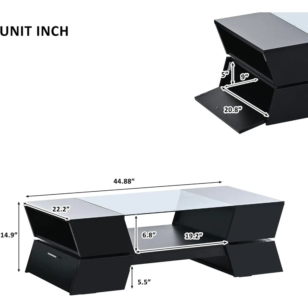 Table basse géométrique à plateau en verre de 6 mm avec étagères et armoires ouvertes, table de cocktail élégante