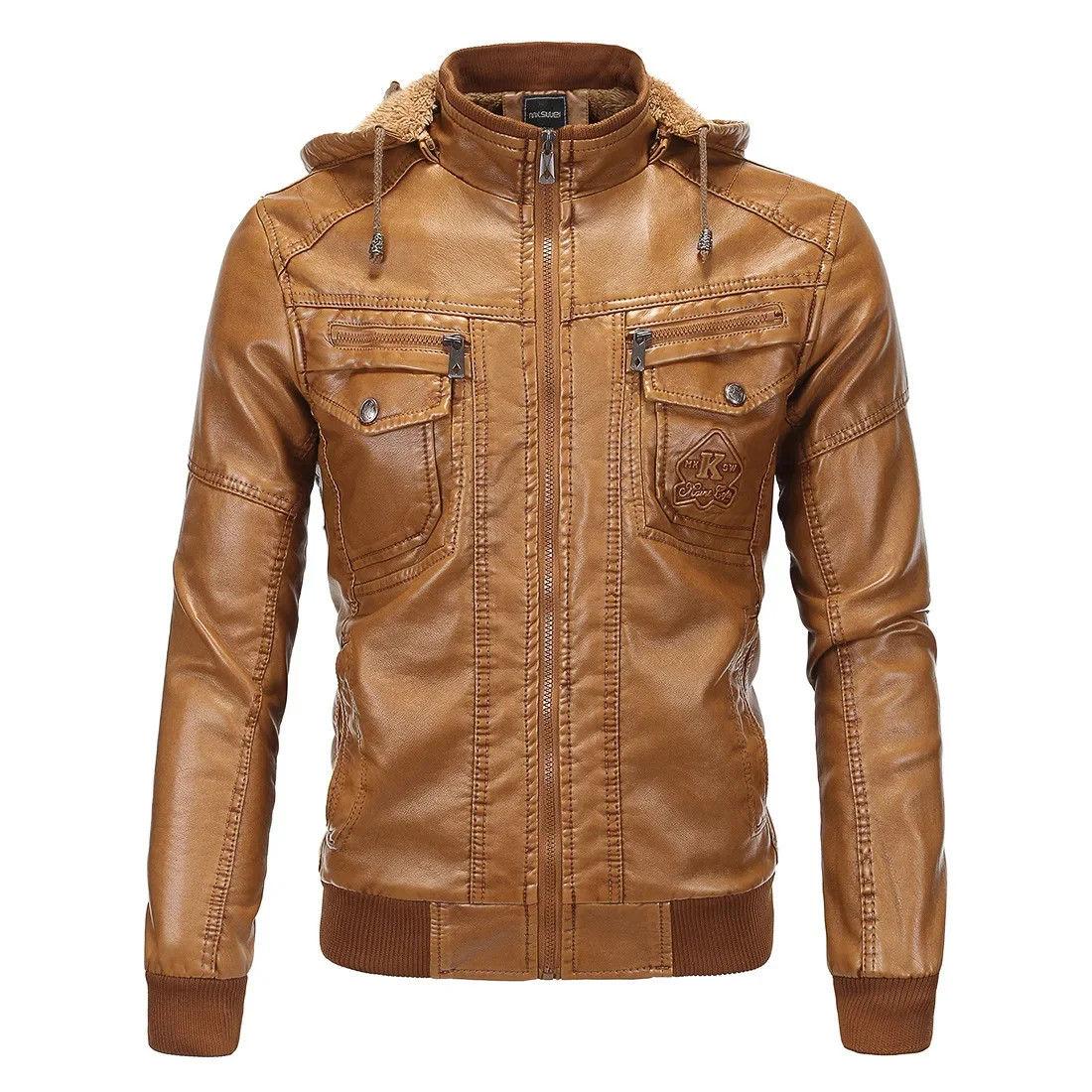 Pure European Style 2020 Men's Fleece-lined Warm Leather Jacket Classic Sheepskin Hooded Casual Style Leather Garment 1603