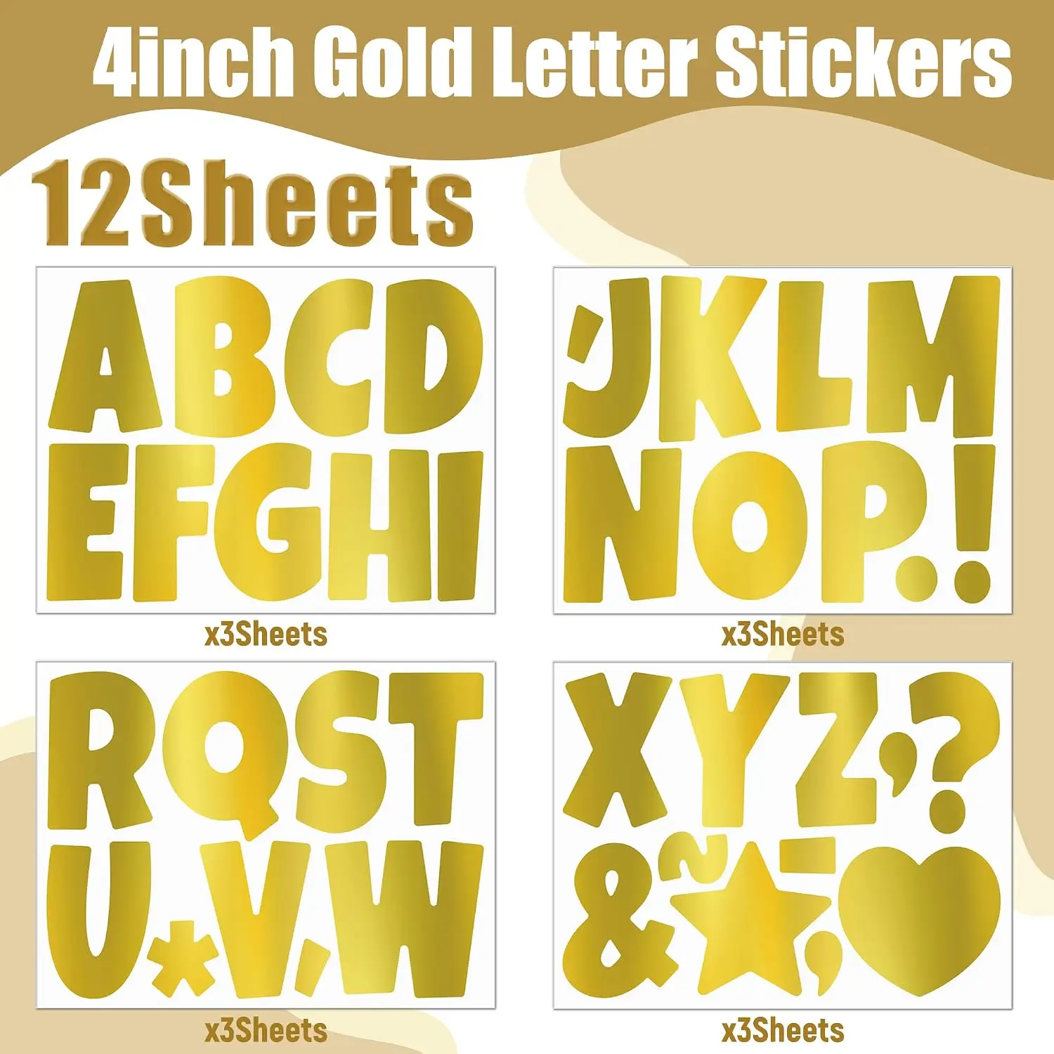 117Pcs 4 Inch Gold Bulletin Board Letter Stickers, 12 Sheets Waterproof Self-Adhesive Alphabet Letters for Poster Board, Mailbox