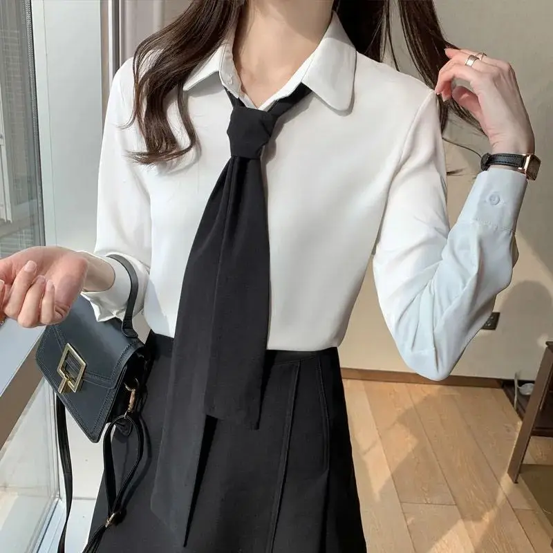 Fashion Solid Color Spliced Button Lace Up Bow Shirts Female Clothing 2023 Autumn Winter Loose Korean Tops Office Lady Blouses
