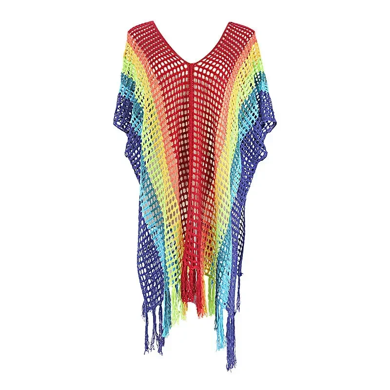 New Rainbow Crochet Hollow Out Bikinis Swimsuit Cover Ups Women Beachdress Loose Beach Outing Sarong Sun Protection Clothing