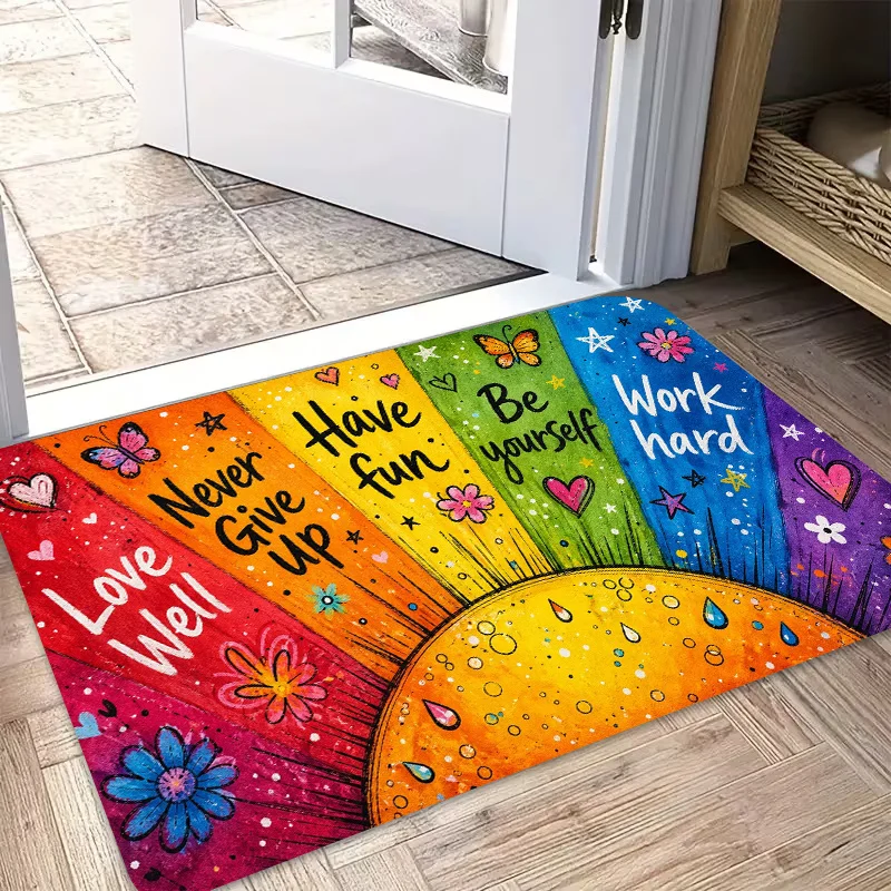 1pc 2D Flat Rainbow Inspirational‑Quote Entryway Area Rug, Colorful Non‑Slip Machine‑Washable Decor Floor Mat for Indoor Decor