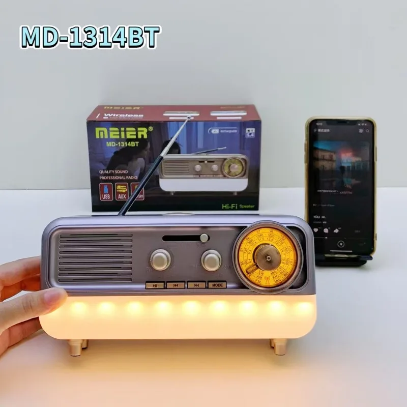 

Retro Wooden Radio Wireless Bluetooth Speaker Ambient Lighting Creative Audio Multi Band FM Radio MD-1314BT Supports TF-USB AUX