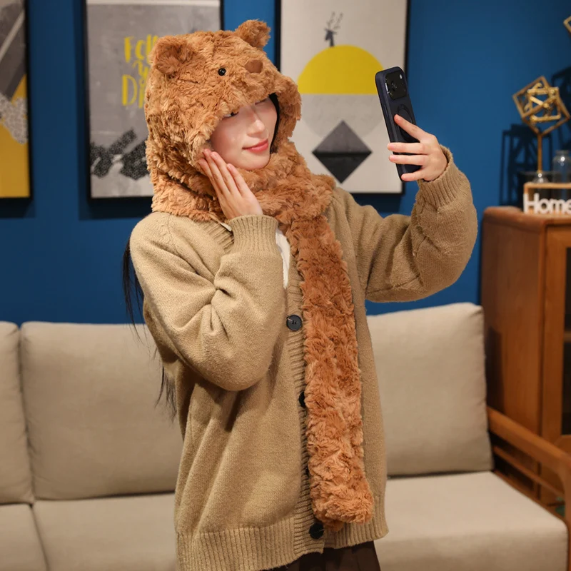 곰 돼지 스카프 모자 부드러운 플러시 귀여운 동물 핑크 돼지 브라운 베어 따뜻한 헤드웨어 모자 겨울 선물 소녀 소년 어린이 성인용