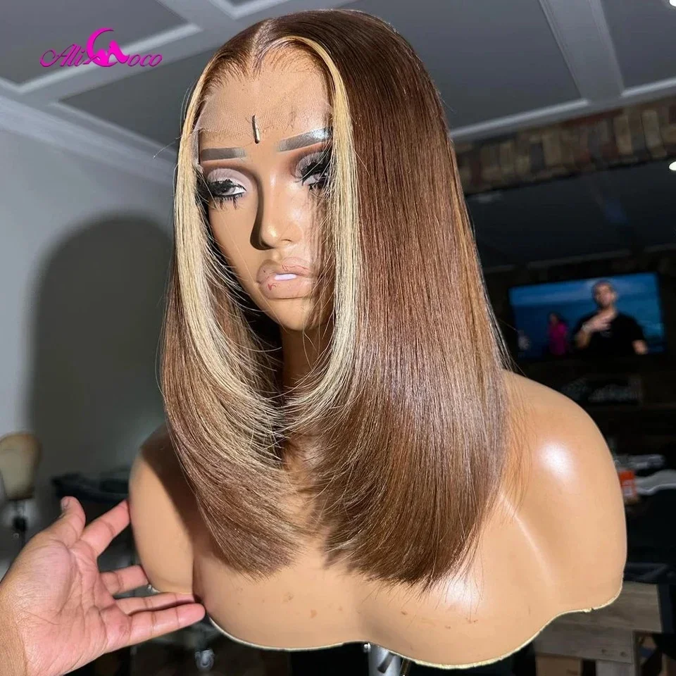 Brown Blonde Short Straight Bob Human Hair Wigs Pre-Plucked With Baby Hair Honey Blonde Colored Lace Frontal Wig For Women