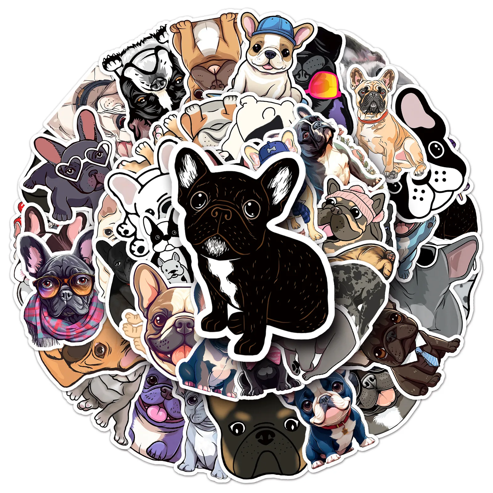 50Pcs Cute French Bulldog Graffiti Water‑Resistant Stickers, DIY Decals for Phone, Laptop, Water Bottle & Luggage Decor