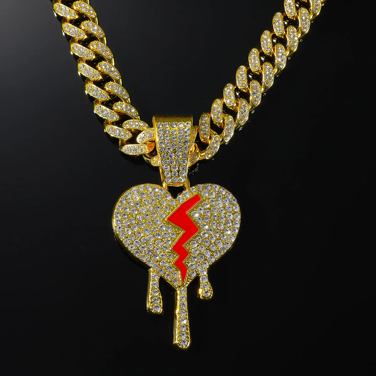 Hip Hop Iced Out Heartbreak Pendant with 13mm Cuban Chain Rapper Necklaces Men Women Charm Jewelry