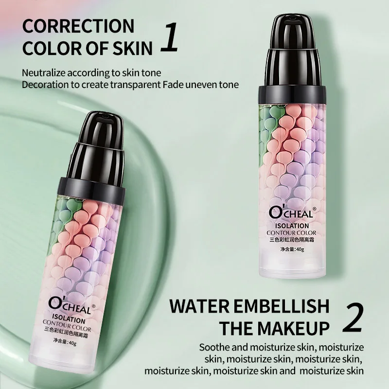 برايمر ثلاثي الألوان بألوان قوس قزح مرطب يدوم طويلاً ومسام غير مرئية لتفتيح الوجه وتصحيح لون البشرة