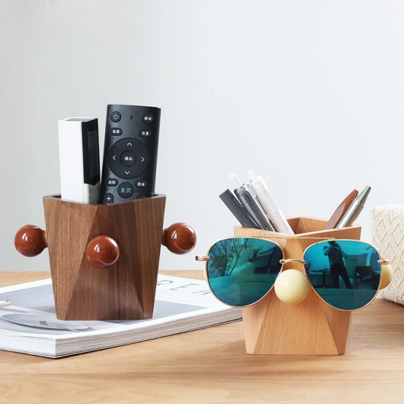 Walnut Multi-Organizer Case Creative Mid-Century Pen Holder Desktop Reading Glasses Stand Remote Control Box for Office Decor