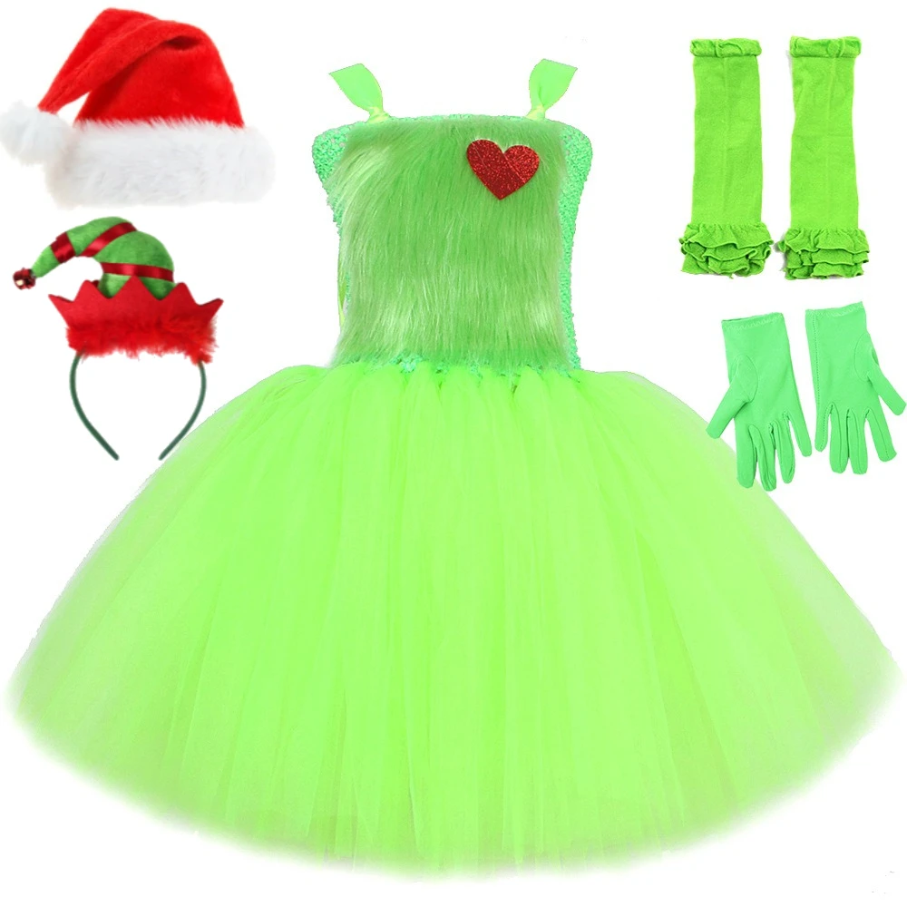 

Christmas Kids Green Fluffy Dress With Plush Accessories For Girls' Birthday Parties Princess Dresses Stage Performance Costumes