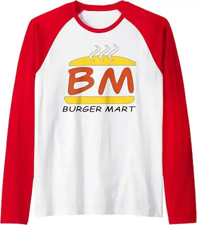 Burger Mart BM Graphic Raglan Long Sleeve T Shirt Archer Cartoon Print Unisex Crew Neck Casual Black White Baseball Tee Tops