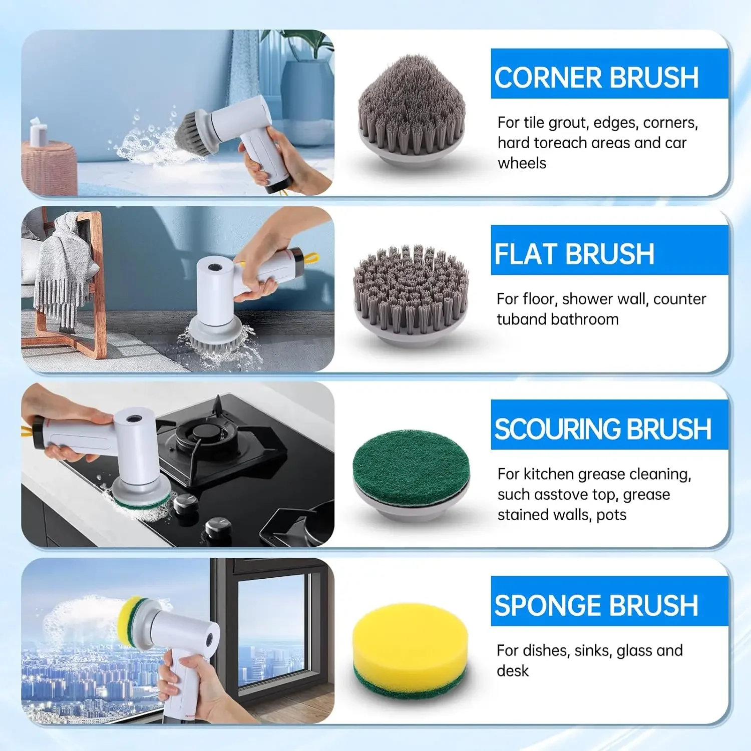 4-in-1 Kitchen Cleaning Tool Bathroom Bathtub Clean Brush Spin Scrubber Electric Cleaning Brush for Dishwashing Sink