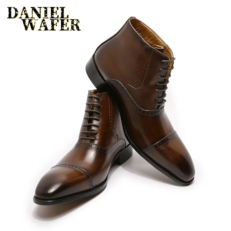 Botines de moda para hombre, vestido Formal, zapatos de cuero, estilo vaquero occidental, con cordones, botas informales marrones/negras para hombre