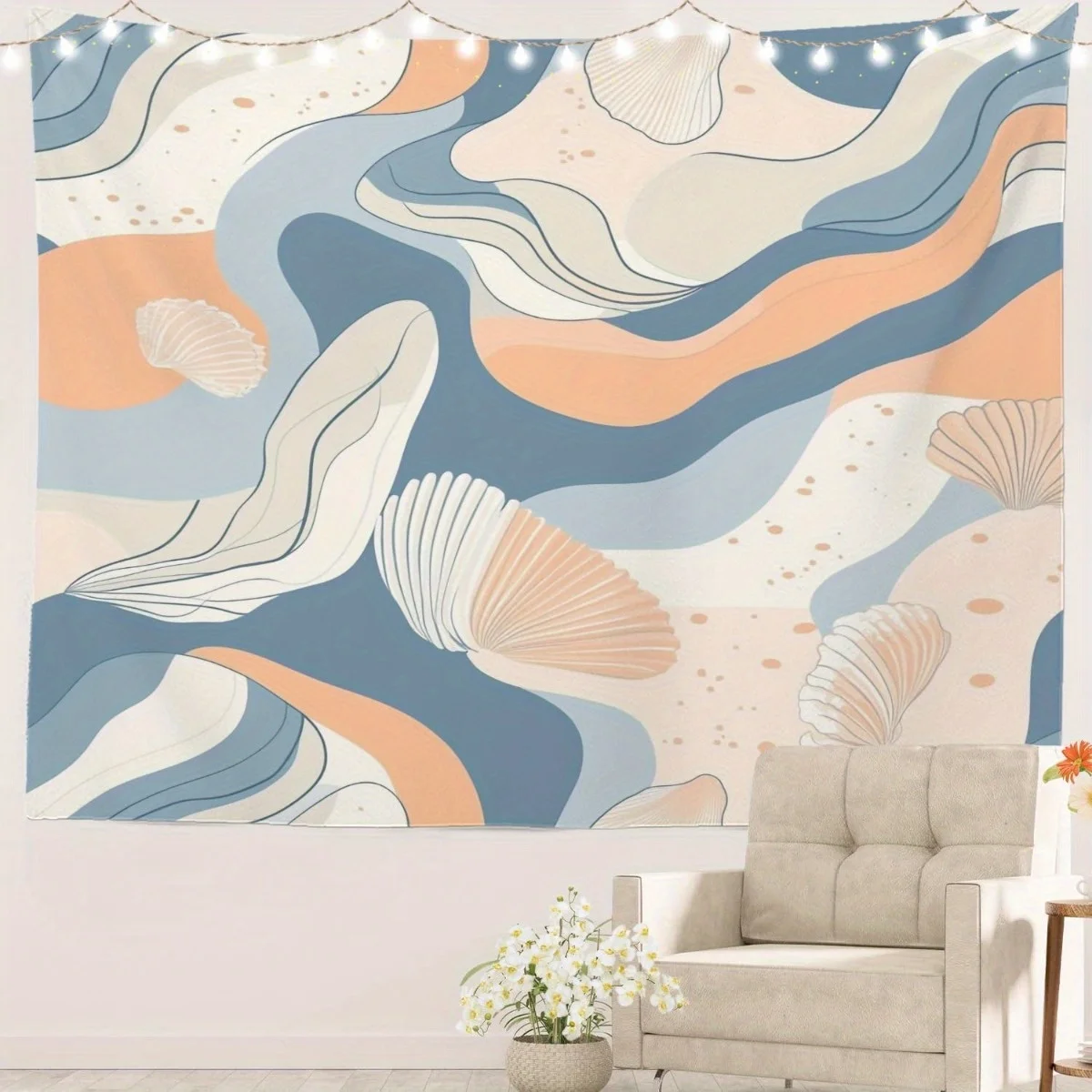 1pc Seashell and starfish pattern tapestry, machine washable polyester, suitable for bedroom and living room décor.