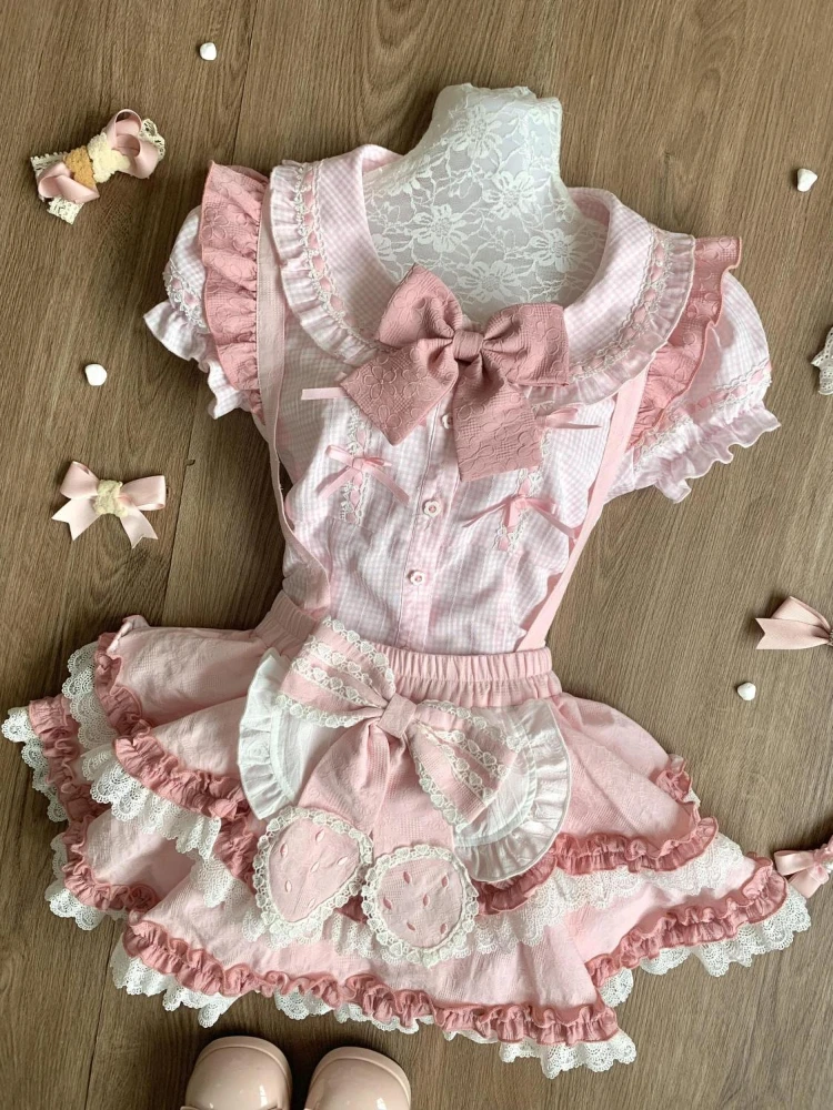 Rosa japonés Kawaii Lolita elegante conjuntos de 2 piezas mujeres Y2k dulce diseño de lazo Mini falda traje femenino Chic ropa Popular coreana
