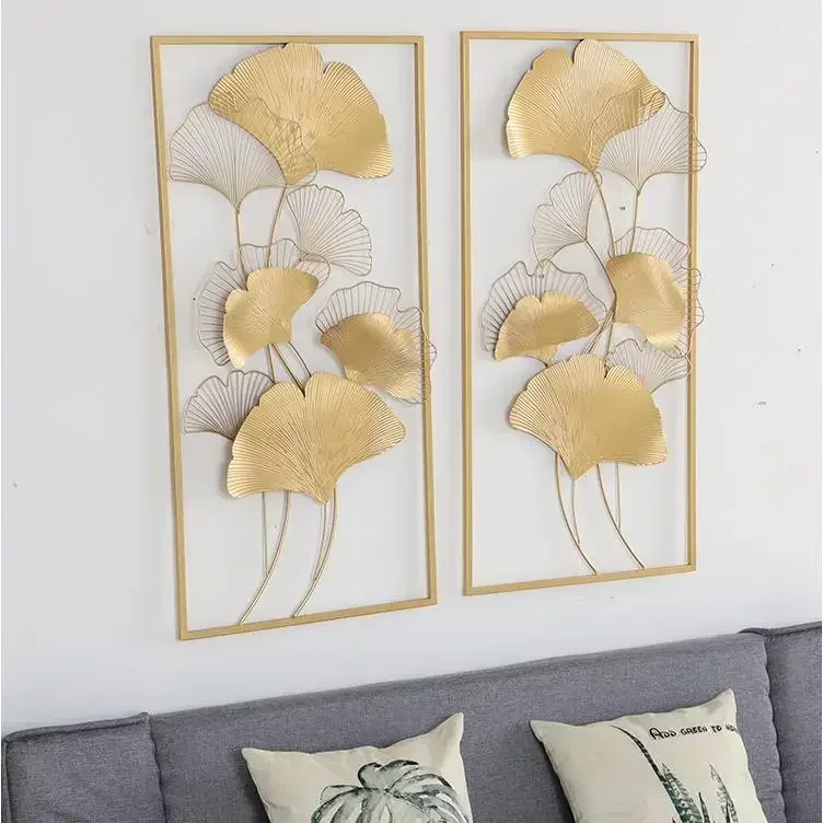 Luxury Ginkgo Leaf Gold Iron Wall Hanging Art Mural Porch Hotel Living Room Leaves Metal Mural Wall Decor Crafts Home Decoration