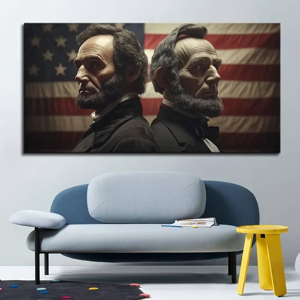 Framed in 1.5 inches of solid pine, George Washington and Abraham Lincoln stand in front of the American flag，for living room