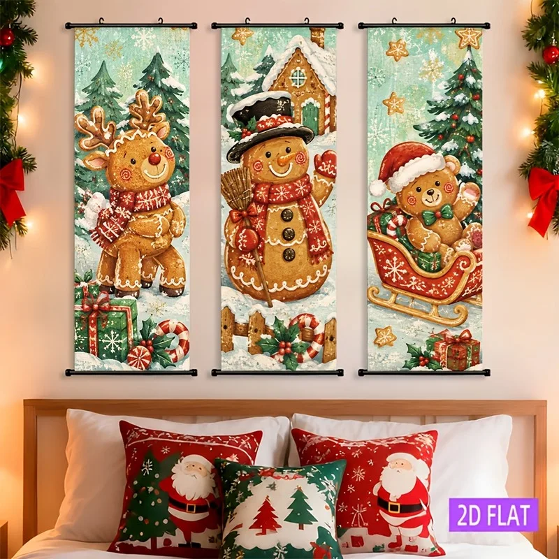 VIKAMA 3PCS Christmas Wall Banner, Snowman Santa Reading Book Night Scroll Tapestry for Xmas Bedroom Decor