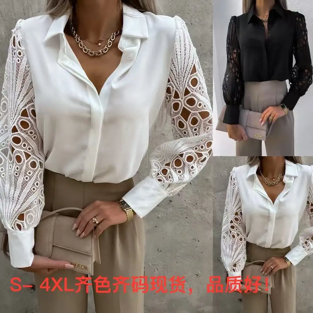 Amazon European And American Cross-Border Spring/Summer New Hot-Selling Women's Solid Color Lace Patchwork Blouse