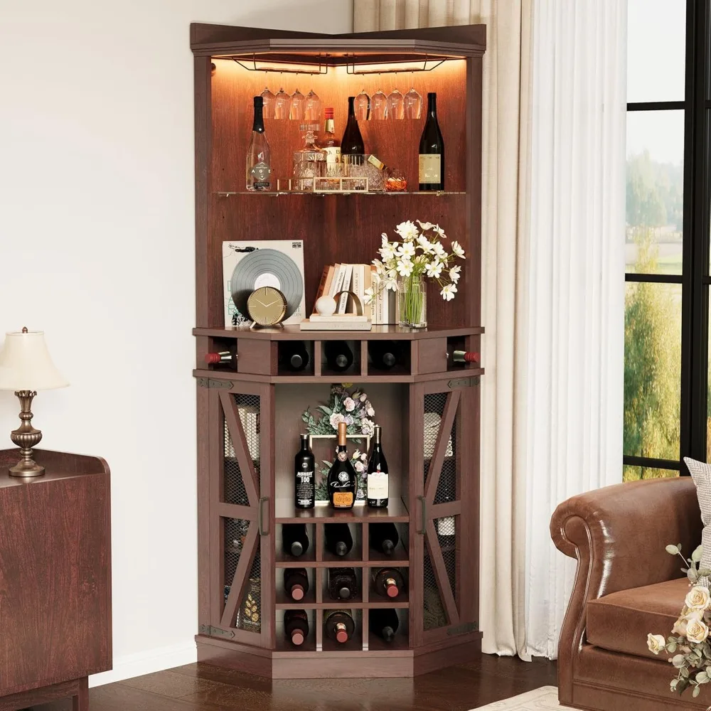 Eck-Barschrank, 72,4 Zoll hoher Weinschrank mit LED-Licht und Gestell aus gehärtetem Glas, Heimbar-Schrank und Kaffeebar