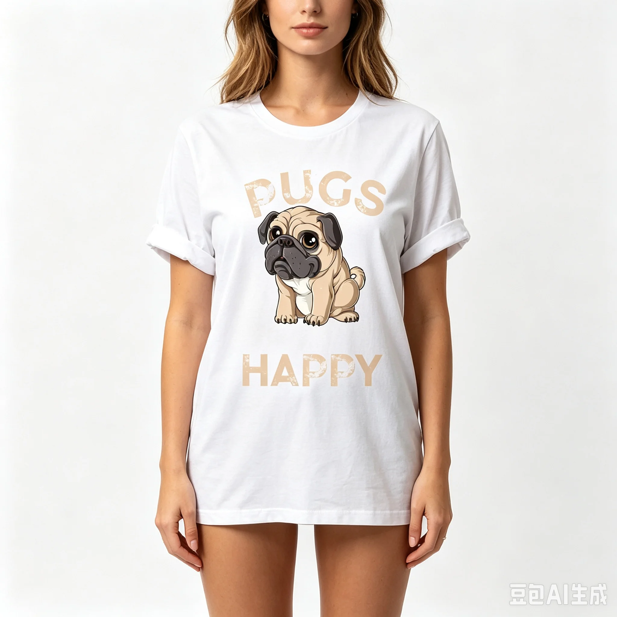 Women Pugs Happy Graphic T‑Shirt Cute Pug Dog Print O‑Neck Short Sleeve Tee Casual Pet Lover Gift Daily Female Tops