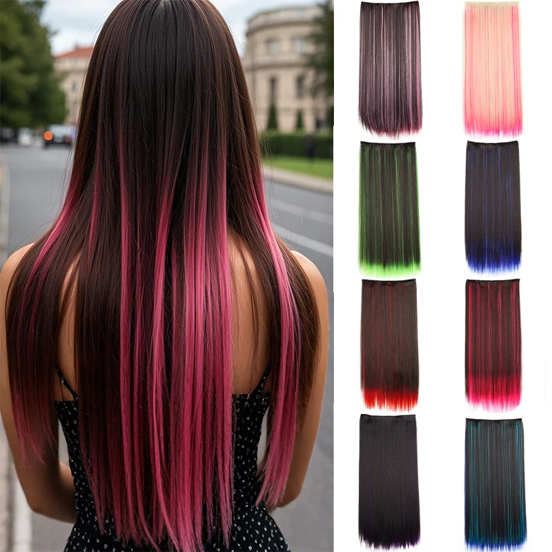 

24Inches Synthetic Long Straight Clip-in Hair Extensions One Piece 5Clips Multicolor Ombre Pink Red Blue for Women