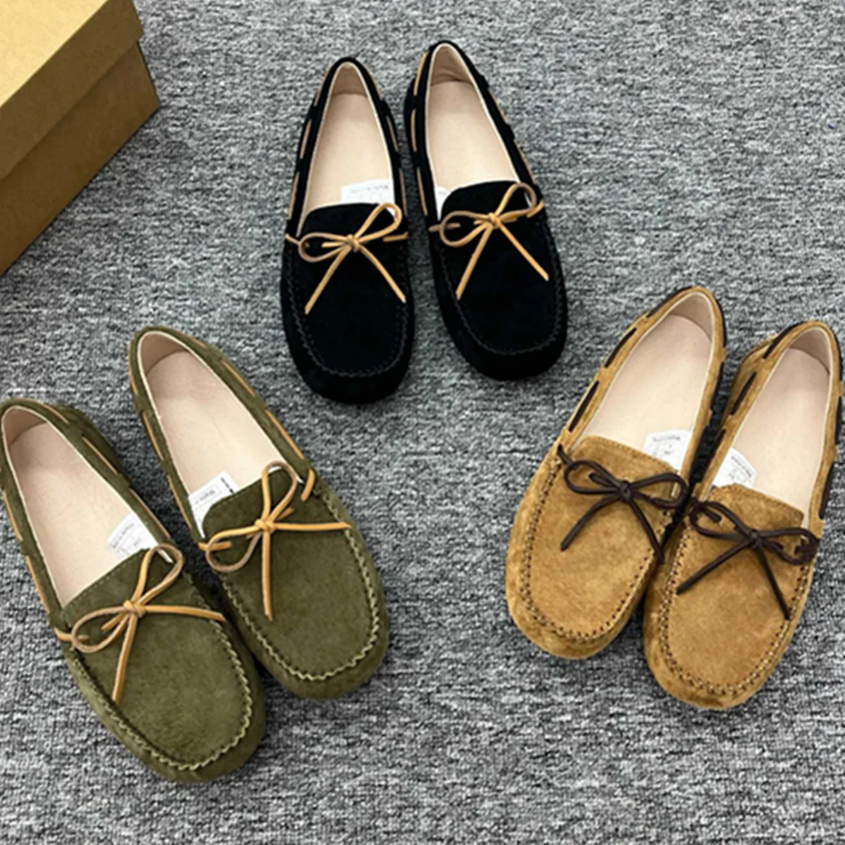 

Jenny&Dave Nordic Minimalist Handmade Leather Flat Shoes Vintage Bow Tie Lace-up Suede Loafers Slip On Bean Shoes Women