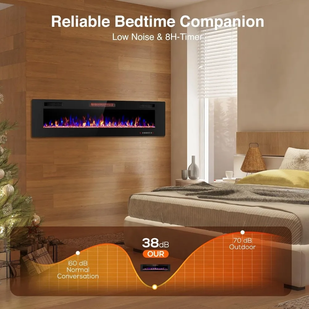 Electric Wall-Mounted Fireplace with Remote, Ultra-Thin Design, Quiet Operation, Adjustable 12-Color Flames, Brightness Settings
