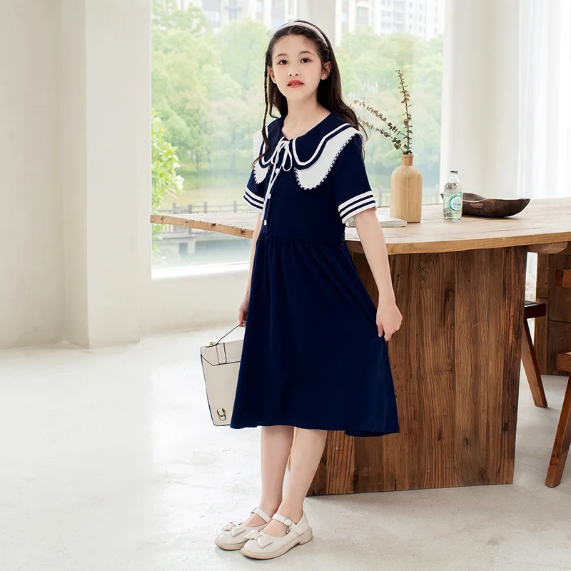 

Summer Junior Girl Elegant Dress Children Girl Lace Peter Pan Collar Breathable Pastoral Style Dress School Girl One-piece Dress