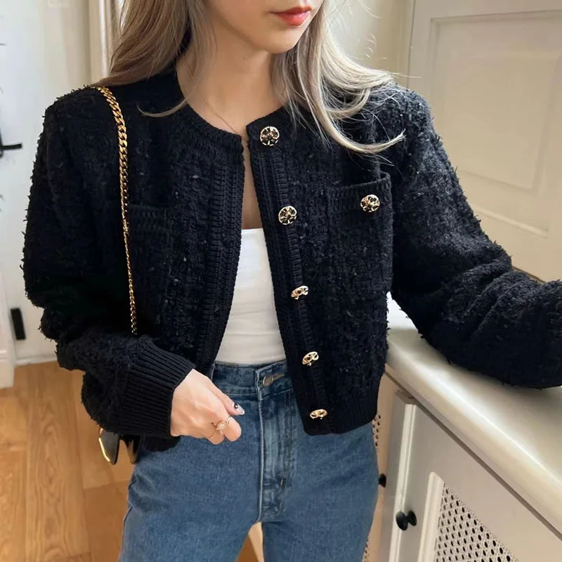 Korean Style Pink Round Neck Cropped Cardigans for Women Chic Button Long Sleeve Knitted Coats Woman Pocket Bling Short Cardigan