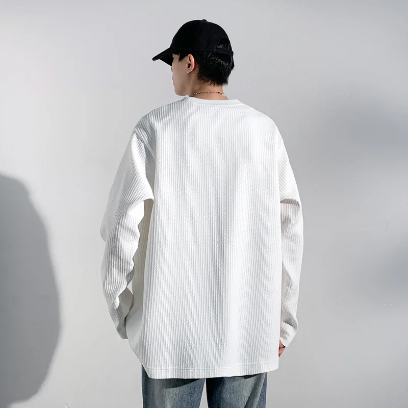 Men Ribbed Knit Crew Neck Long Sleeve T Shirt Solid Color Loose Cut Soft Casual Basic Tops Streetwear Daily Outfit view 4